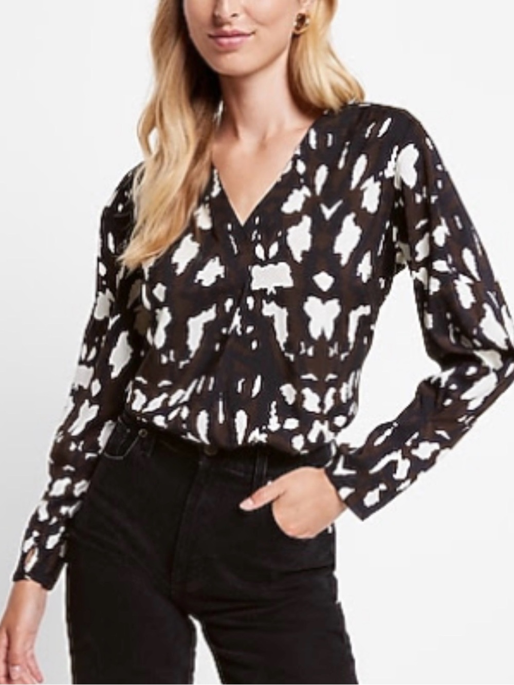 Express Black and White Abstract Print V-Neck Long Sleeve Blouse Size XXS